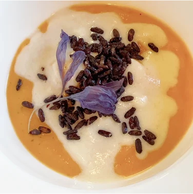 Primo piano della vellutata di zucca, con fonduta e grani di riso essiccati sopra, piatto del ristorante da Alcide a Venturina, in Toscana.